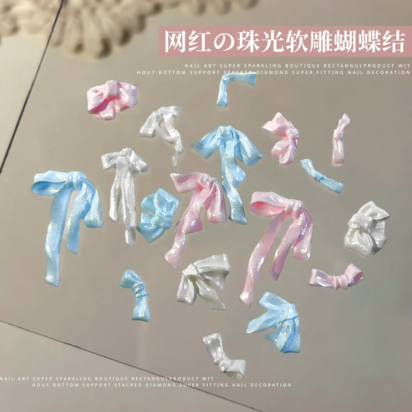 Nieuwe zachte gesneden strik nagelaccessoires gemengd roze blauw lint stropdas nageldecoraties