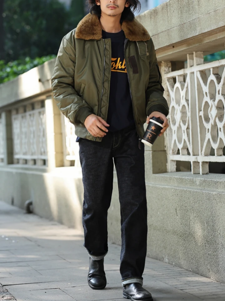 B-15 Bomber Jacket for Men Detachable Wool Collar Oversize Thicken
