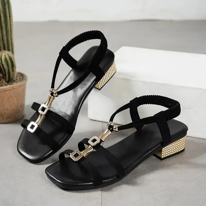 

Women 2025 Summer Fashion Simple French Square Toe Metal Buckle Low Heel Shoes Block Heel Lace-Up Sandals