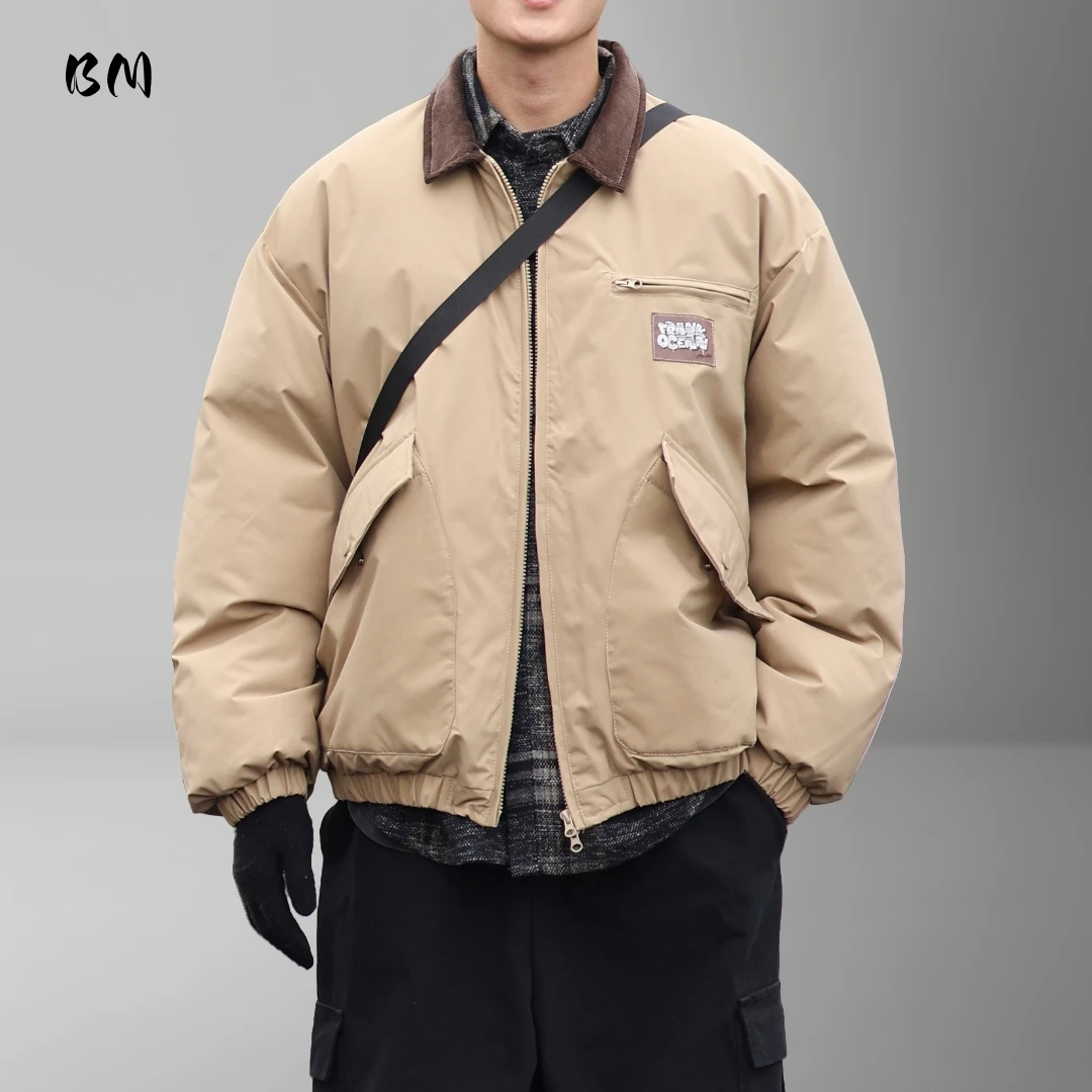 Winter Padded Jacket For Men Harajuku Coat Vintage Korean Style Workwear Heavyweight Patchwork Corduroy Lapel Oversized Casual