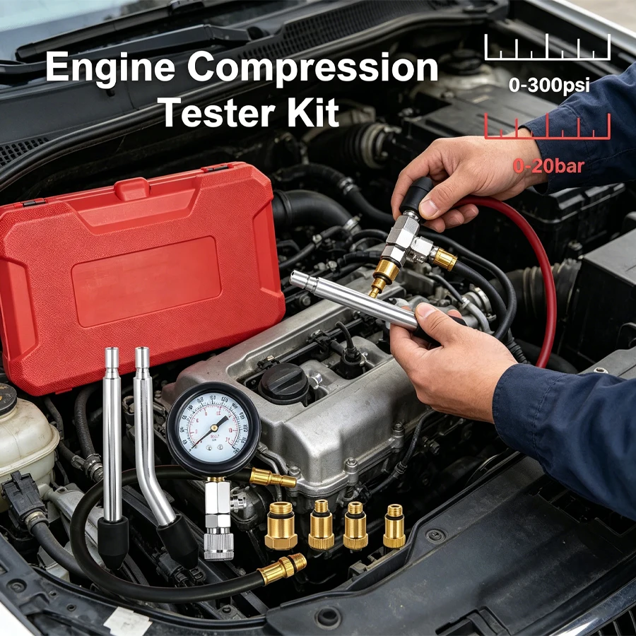Motor-Kompressionsmesser Auto-Zylinder-Testkit 0-300 PSI Druckmesser mit M10 M12 M14 M18 Adapter