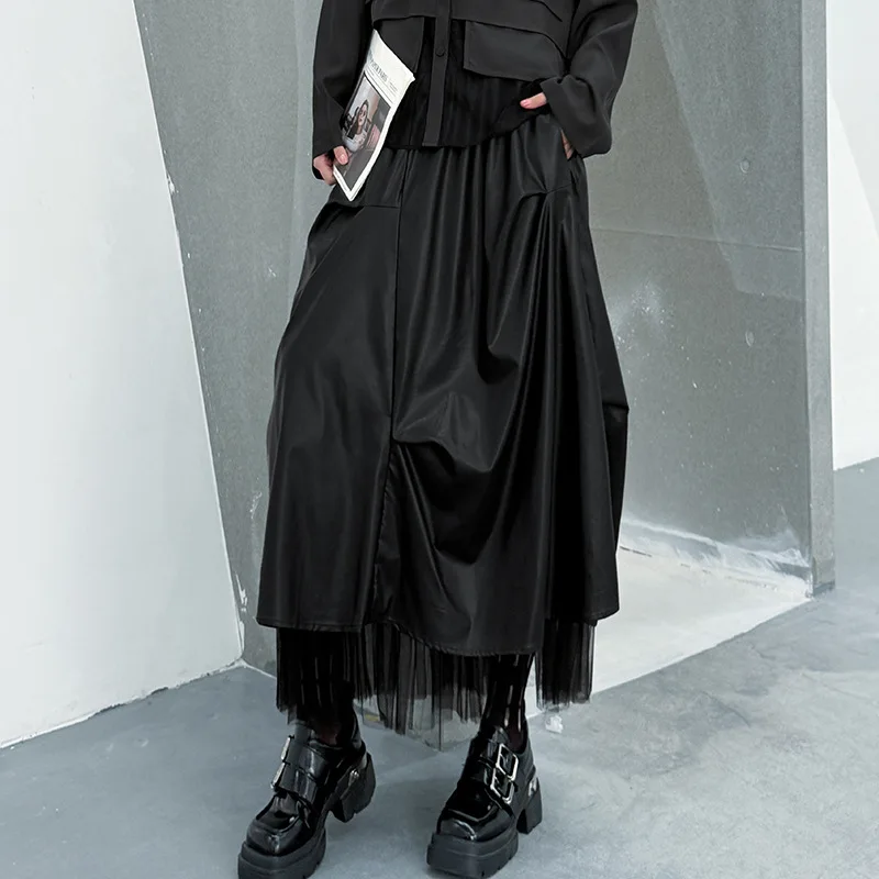 

Women Pu Leather Skirts Mesh Skirt Pleated Asymmetric Ankle Length Empire Waist Skirt Loose Fit Casual Streetwear 2025 Autumn