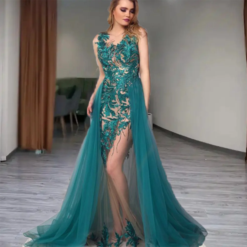 SILIWEYA Exquisite Women Prom Dresses Blue Green Appliques A-Line Floor Length Illusion Sexy Elegant Female Evening Party Gowns