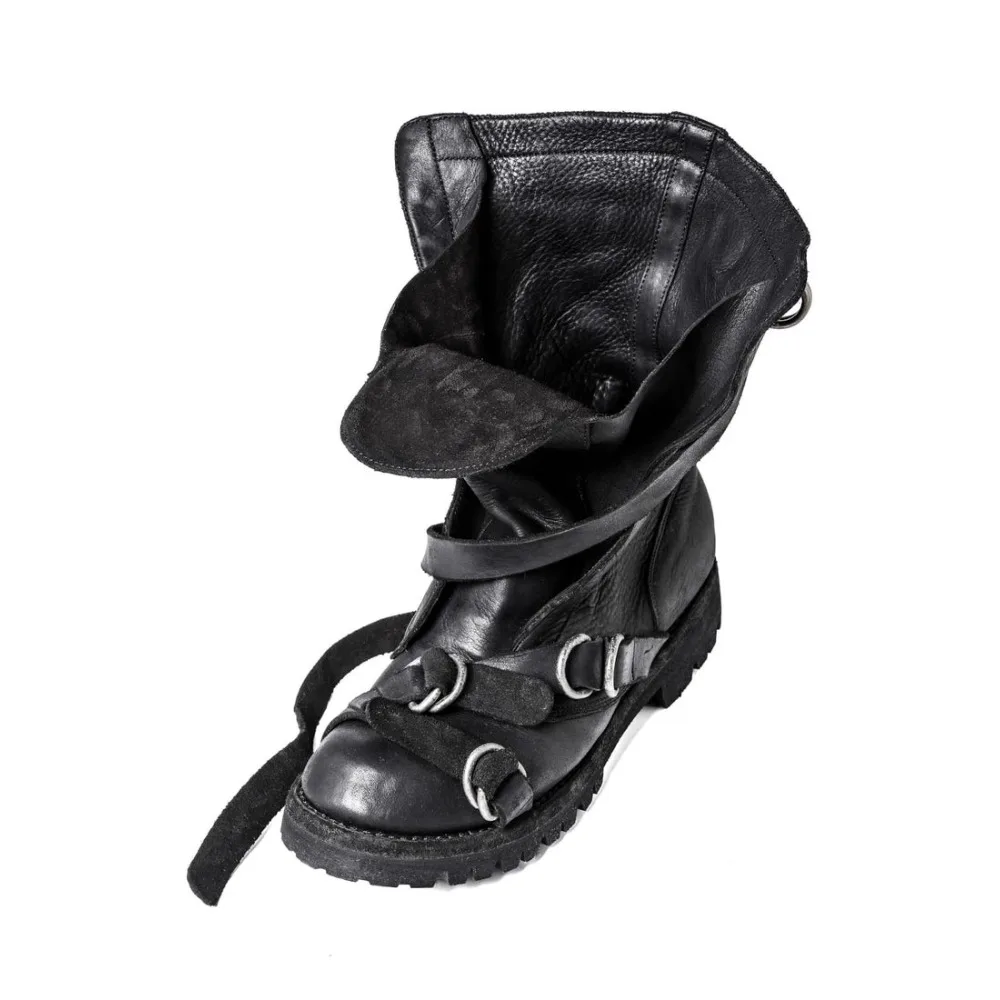 Men's Leather Motorcycle Boots Punk Retro Thick Soled Mid-Calf Knight Boots Black Soft Belt Buckle Strap High-top Moccasin Shoes view 4