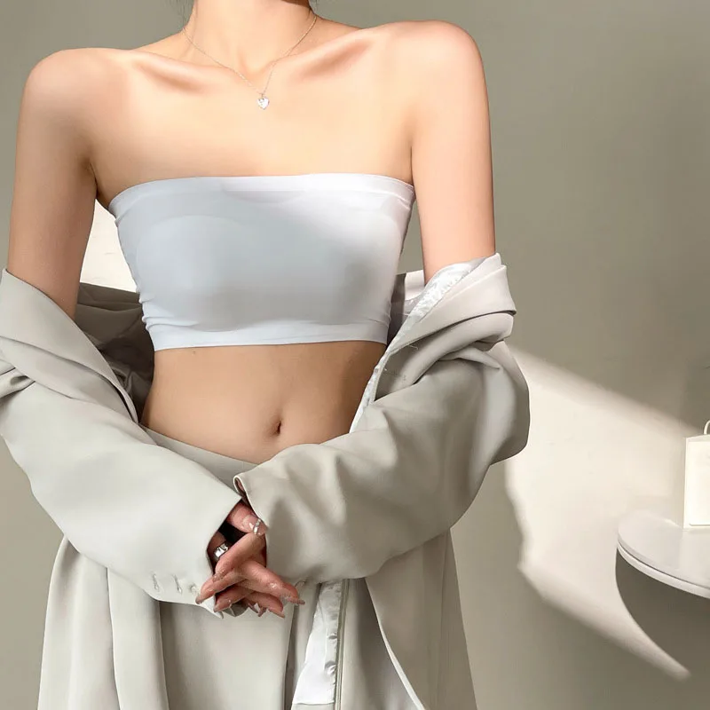 One Piece Sexy Tube Tops Women Strapless Removable Chest Cushion Push Up Bra Basic Black White Skin Ice Silk Thin Seamless Bra - view 3