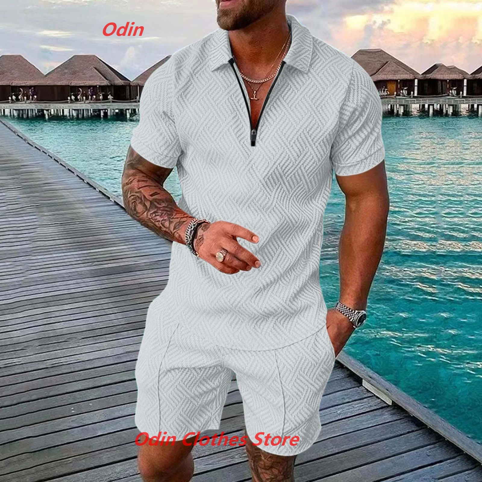 Summer New Men\'s Solid Color Polo Shirt Suit Men\'s Slim Short Sleeve Jogging Zipper Short Top Sports Suit Two-Piece Set