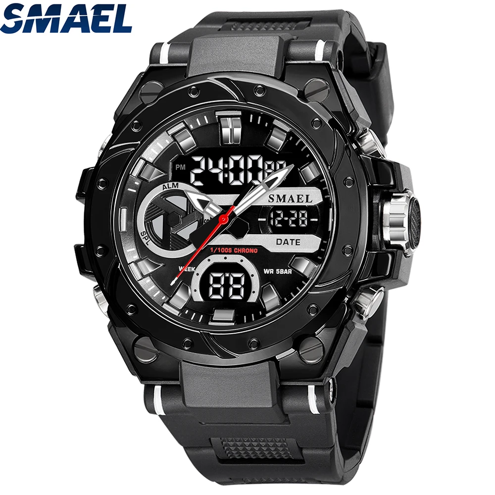 SMAEL 8029 Alarm Multifunctional Men's Wristwatches Brand Sport Watches 50M Wateproof Dual Time Display Watches LED Stopwatches