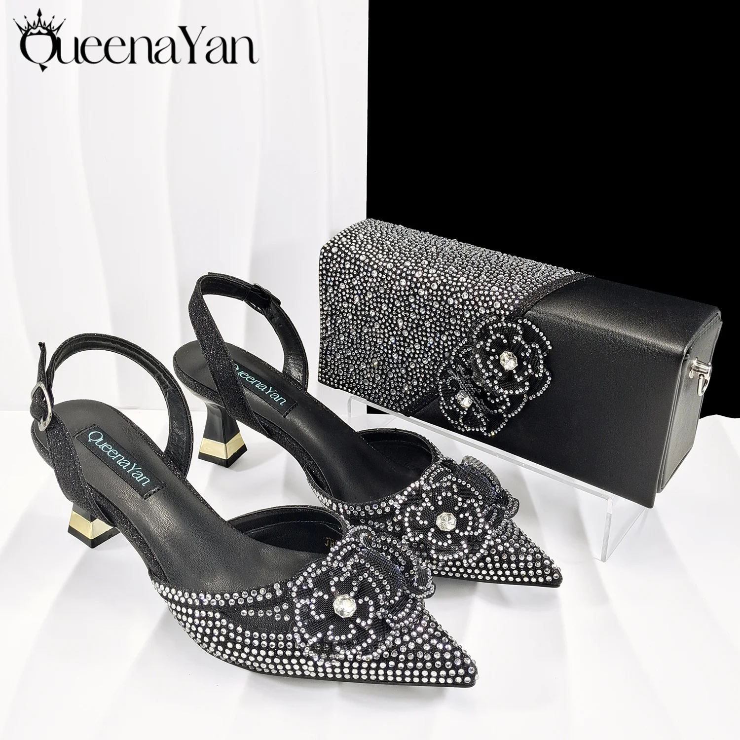 

Nigeria Newest Design Black Color Party Wedding Pointed Toe Med Heel Lady Shoes and Bag Set Decorated With Rhinestone