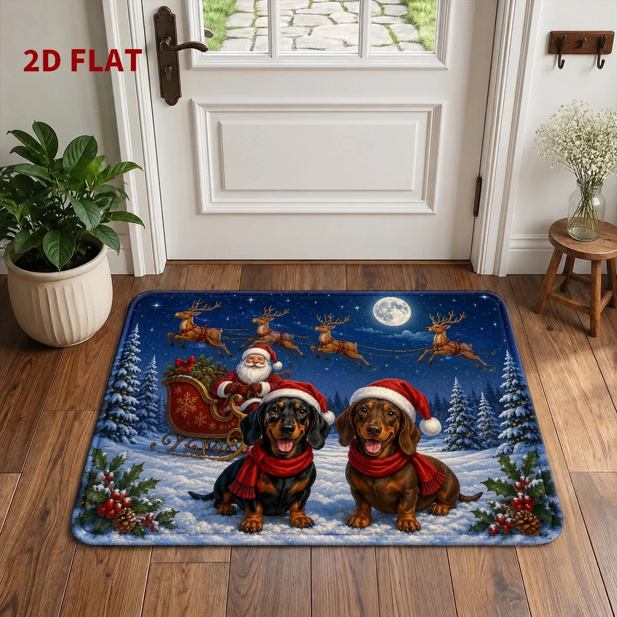 Dachshund Dogs Doormat Santa Sleigh Welcome Rug Christmas Moon Winter Area Rug Bedroom Cloakroom Patio Garage Floor Decor