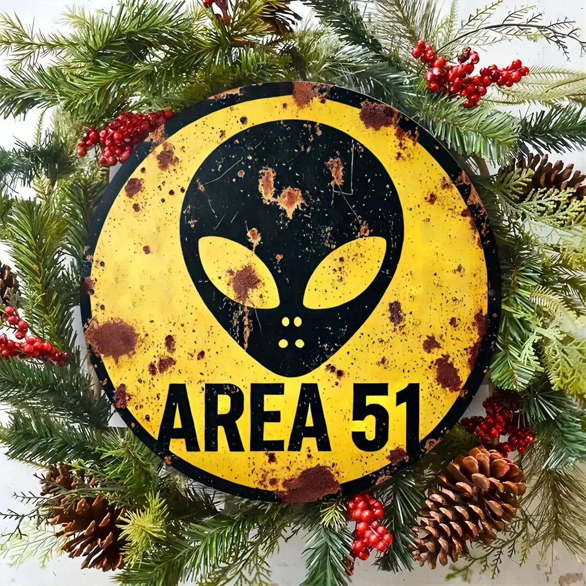 2D Flat - Vintage Area 51 Alien UFO Metal Sign- 8X8Inch Round Vintage-Themed Tin Wall Decoration Featuring Alien And UFO Designs