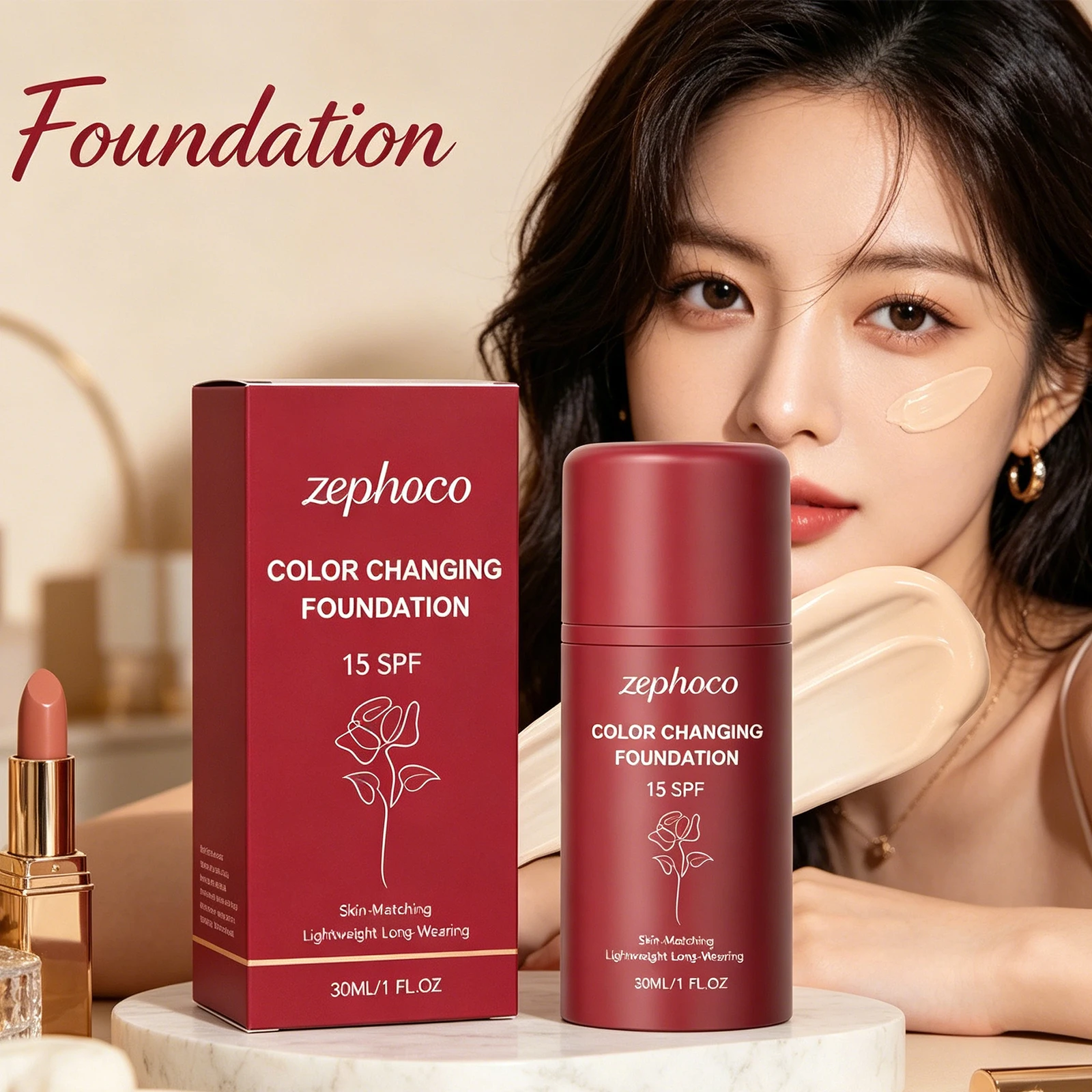 Zephoco Thermochromic Protective Foundation Moist Full Coverage Lightweight Breathable Long Lasting Natural Base Fresh Makeup