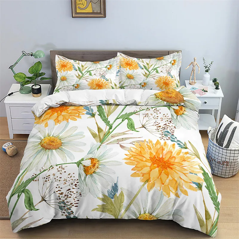 Floral Duvet Cover Microfiber 2/3pcs Queen Daisy Bedding Set Leaves Plant Print Soft Breathable Quilt Cover With Zipper Closure