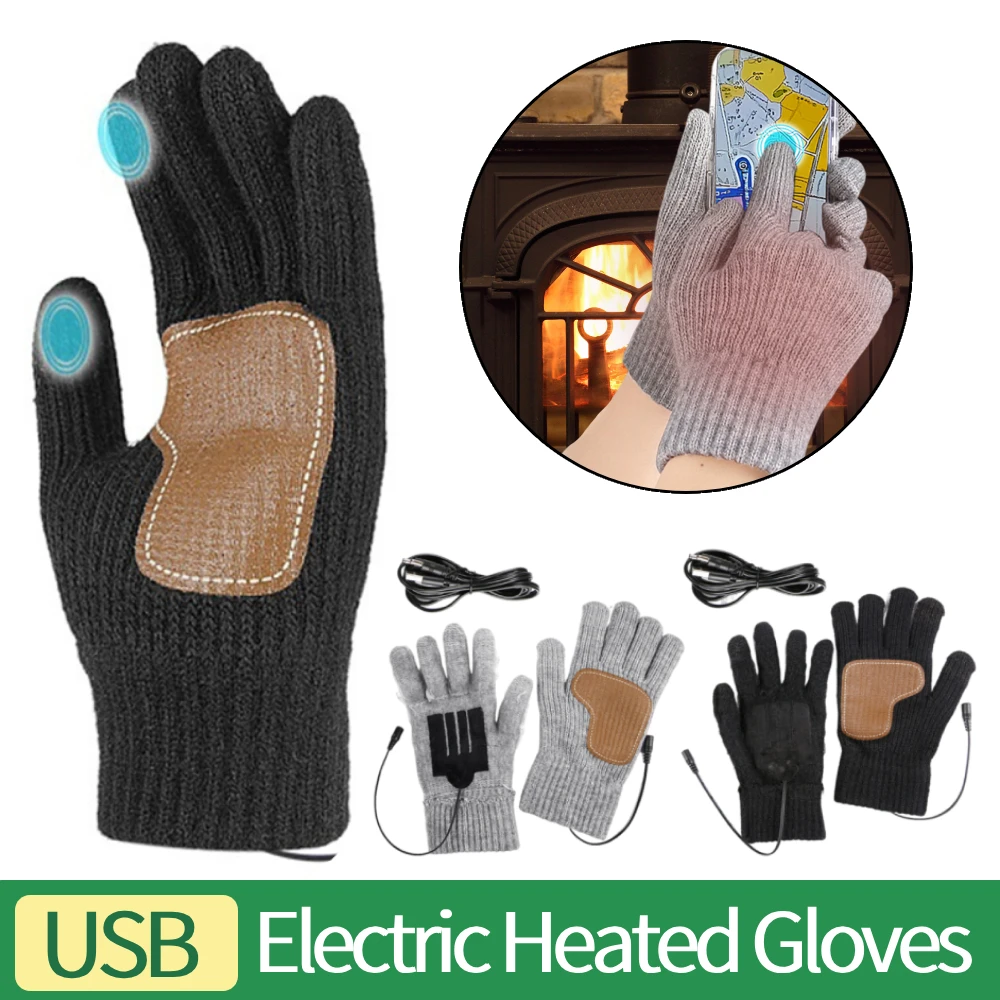 

USB Touchscreen Hand Warmer Anti-Slip Soft Leather Heating Gloves Wear Resist Thicken Cycling Glove for Outdoor Camping Hiking
