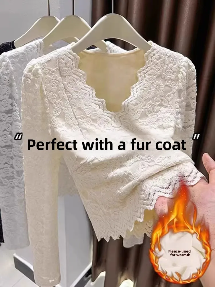 

Women's Fce Lined Thiened V-ne Lace irt Korean Sle Commute Faion Inner Wear Autumn High End Feelings Top Trendy