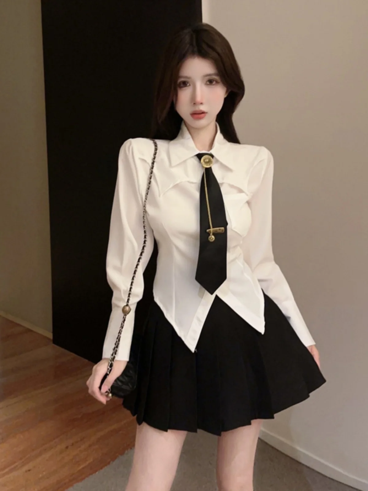 

Sweet Long Sve Collar irt with Tie High Waist Pleated Skirt Set for Trendy Girls Cotton Spring Faion Outfit