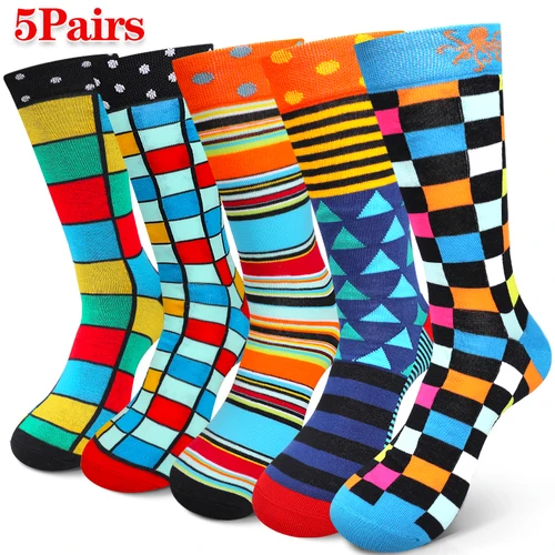 Imagen 1 del producto 5 pares de calcetines de tubo medio geométricos coloridos para hombre calcetines deportivos transpirables de moda calcetines casuales cómodos adecuados para uso diario