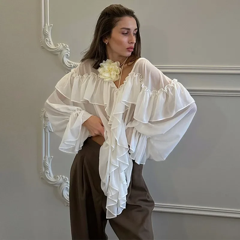 

Sexy Solid See Through Women's Ruffles Shirts V-neck Lantern Long Sleeve Loose Fitting Blouse Fashionable Female Beachwear New