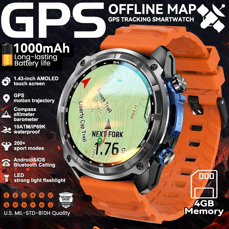 

2025New Men Built in GPS Offline Map Smart Watch 4GB Memory 1000mAh Bluetooth Call 100M Waterproof Swim Sports AMOLED Smartwatch