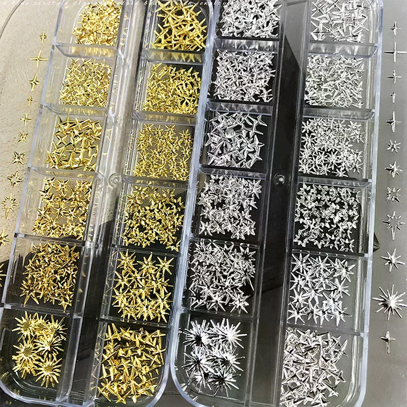 12Grids/Box Mixed Design 3D Metal Starlight Nail Art Charms Parts Stars Rivet Accessories For Nails Decoration Manicure Supplies