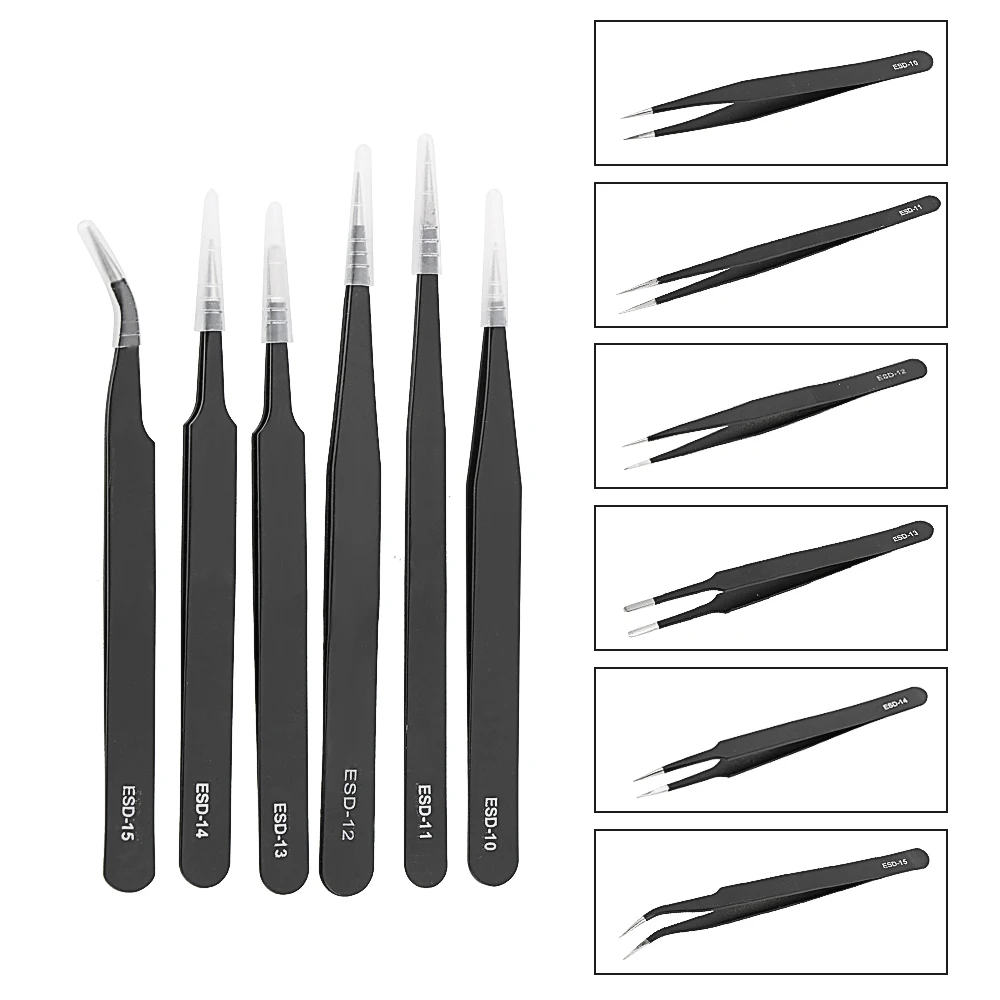 For Watch Jewelry Mobile Phone Electronics Anti Static Precision Industrial Repair Tweezers 6Pcs/Set Tweezers Set