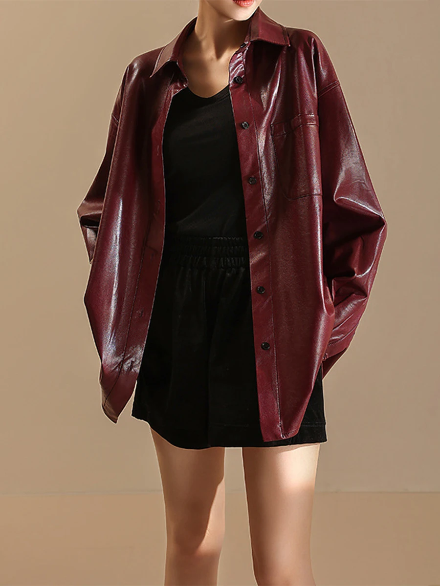 TWOTWINSTYLE Solid PU Outerwear For Women Lapel Long Sleeve Spliced Pocket Streetwear Casual Shirt Coats Female Fashion Style