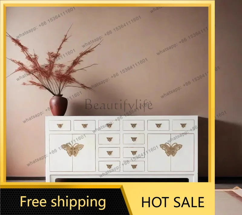 XX. New Chinese-style white dining side cabinet solid wood retro living room decorative cabinet