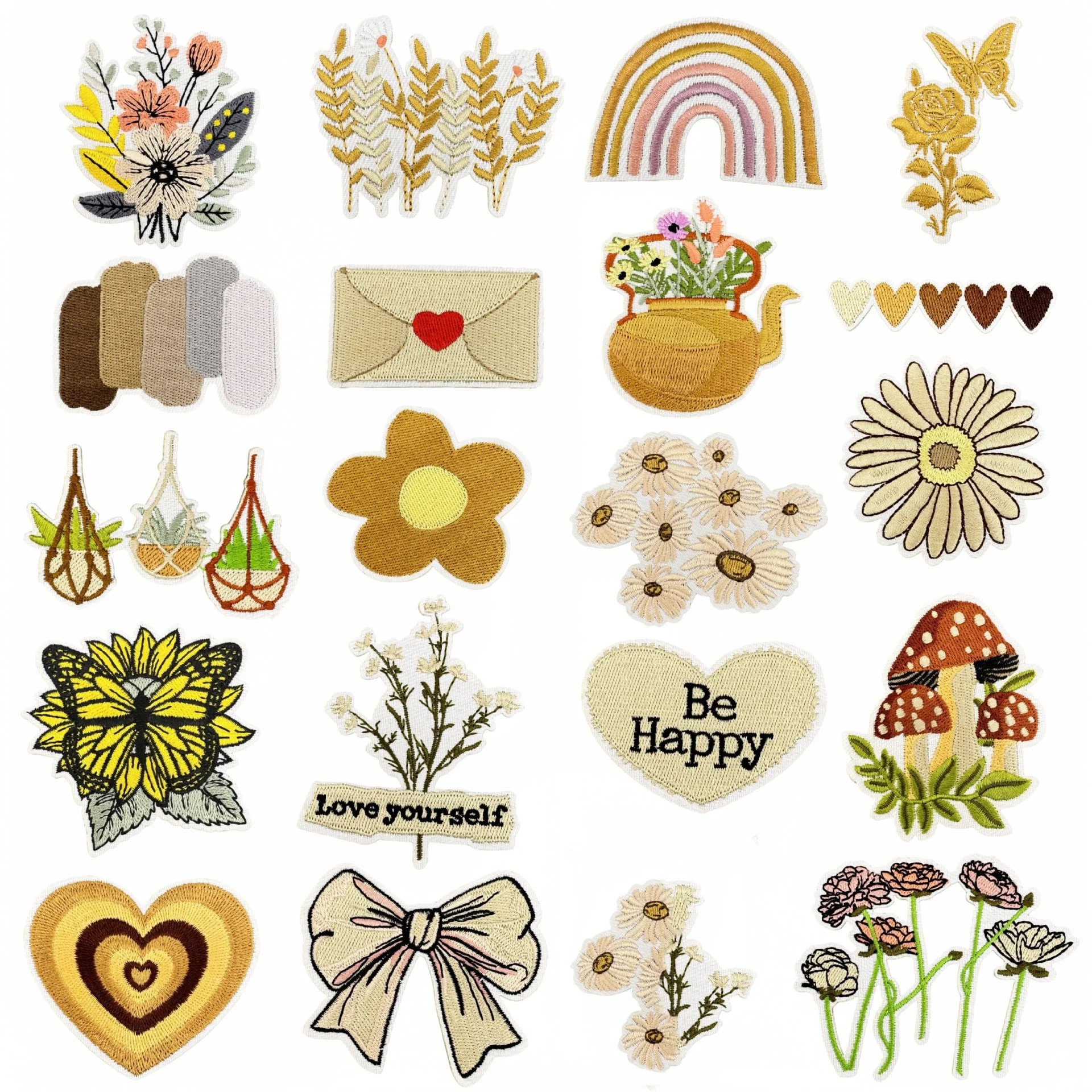 10pcs Beige Yellow Wappen Patches Embroidery Clothing Flower Mushroom Heart Emblem Theroadhesive Jeans Coats Repair Hole Badge