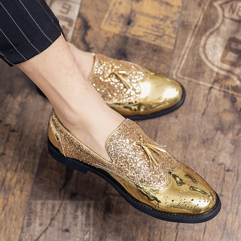 Glitter Men Loafers PU Tassel Decoration Youth Fashion Party Hairstylist British Style Gentleman Leather Shoes