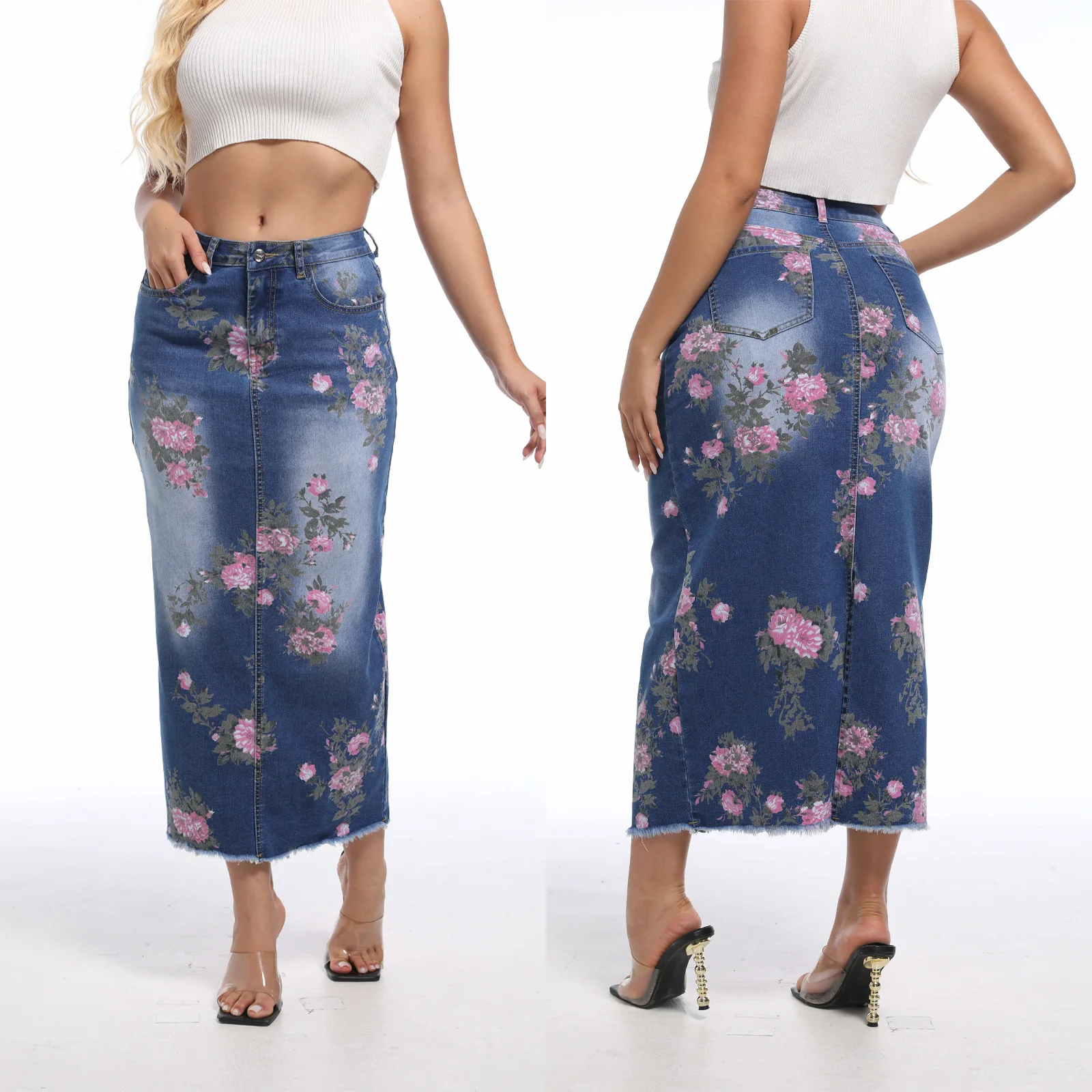 

Y2k Denim Skirts Women Long Skirt Flower Print Stretch High Waist Washed Distressed Pockets Ankle Length Female 2025 Streetwear