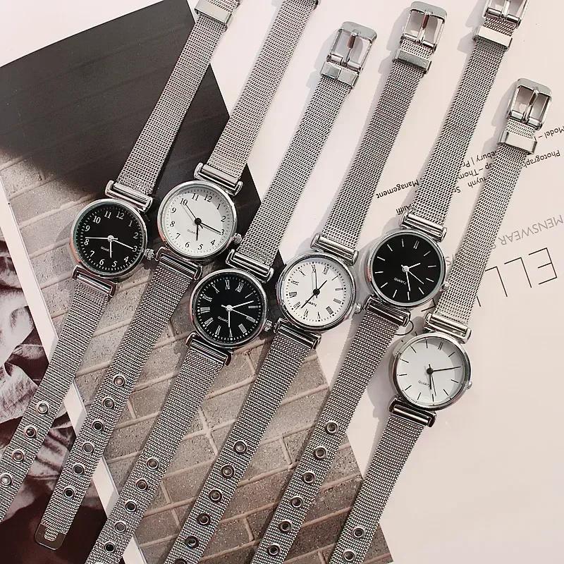Reloj de cuarzo a la moda para mujer, relojes femeninos de lujo, reloj de pulsera, banda de acero inoxidable blanco y negro, relojes clásicos para