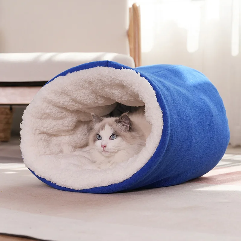 Winter Warm Bed for Cats Comfortable Thick Fleece Semi-enclosed Sleeping Bag Soft Grey House Blue Sofa for Kittens in Autumn