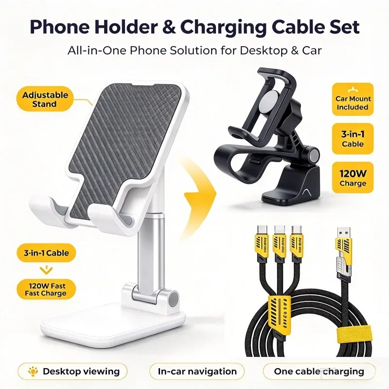 Phone Phone Holder & Charging Cable Set Sturdy And Durable, Adjustable Height, Universal ABS Material, Mobile Holder, Suitable for All Models Of Phones, Multiple Colors to Choose From - Aliexpress Deal