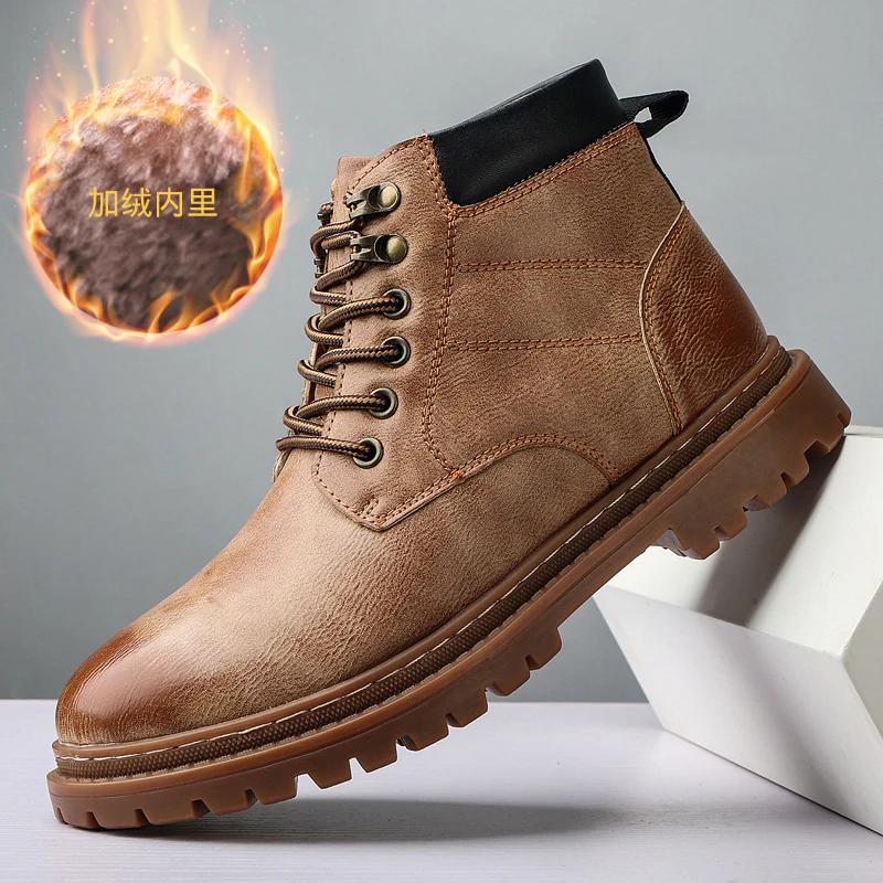 Men\'s Boots Mid-top Motorcycle Boot Casual Cowhide Work Shoe Mens Short Velvet Warm Non-slip Waterproof Trendy Mens Leather Boot