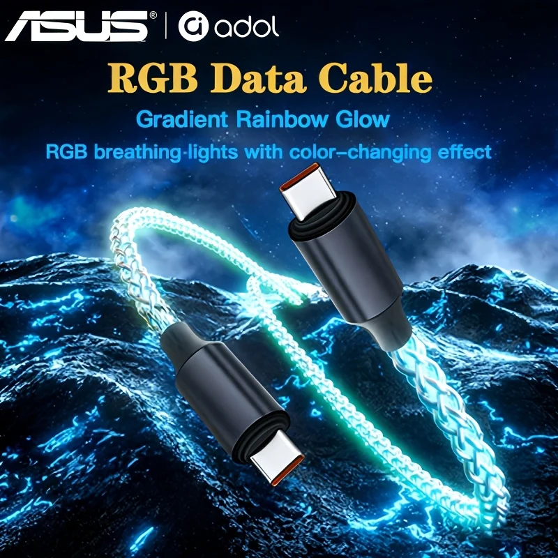 ASUS Fast Charging RGB Breathing Luminous Gradient Light Data Cable 66W TYPE-C Charger For iPhone 15 Xiaomi Samsung  PD Cord