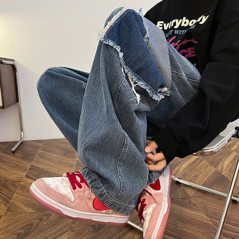 2024 New Trendy Jeans Vintage Washed 3D Pocket Workwear Denim Pants Casual Fashion Loose Straight Leg Men's Wide Leg Pants