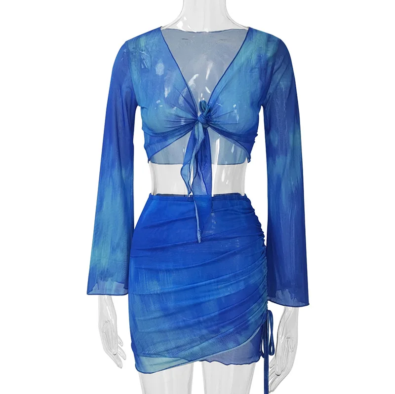 Mode V-ausschnitt Flare Hülse Tie Dye Tops Mini Rock Anzug Frauen Mesh Tees Spitze Up Röcke Neue Sommer Weibliche 2-teiliges Set Outfits – Detail 10