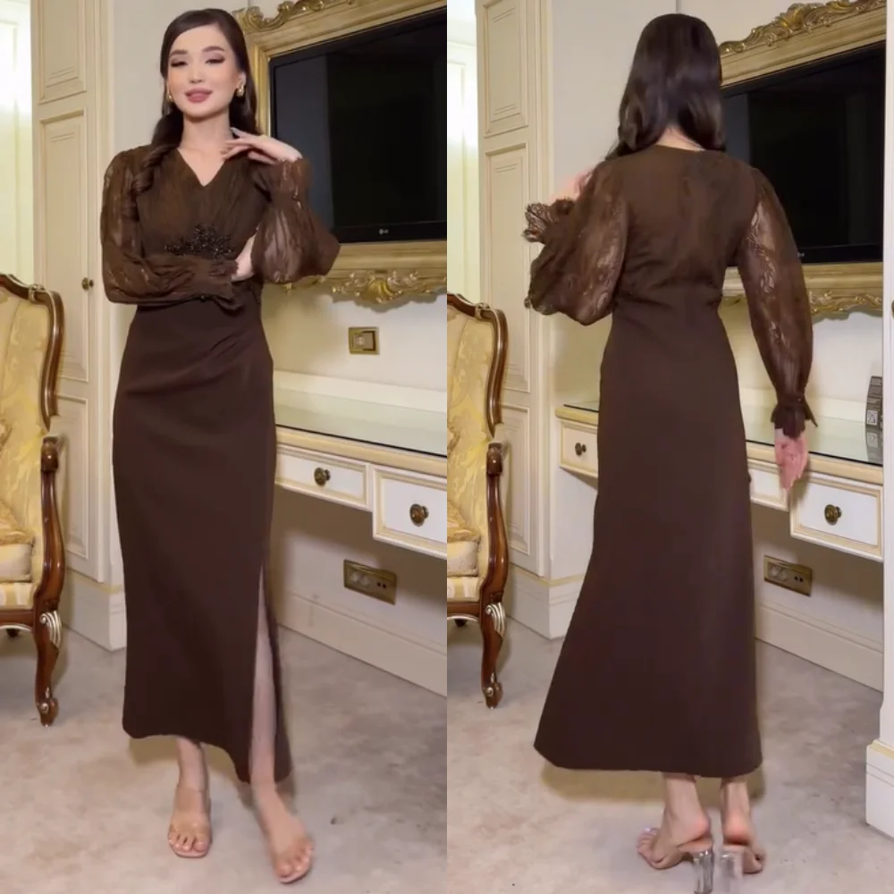 

Customized Matching Jersey Pleat Lace Straight V-neck Midi Dresses Bespoke Occasion Celebrity Simple Exquisite