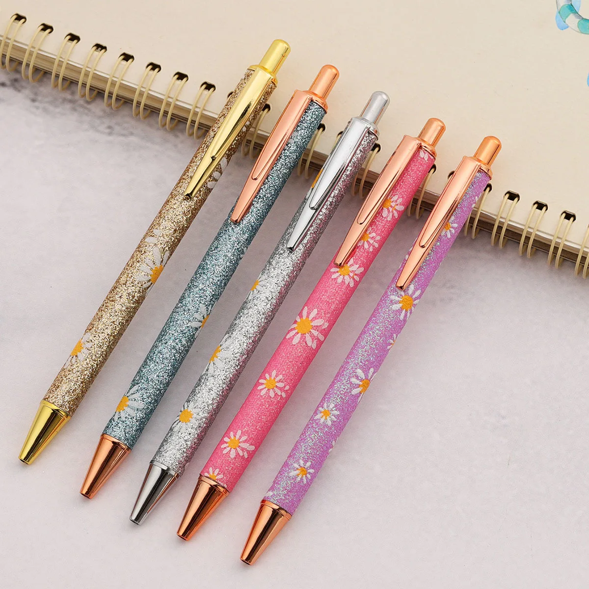 Lytwtw's Cute Daisy Press Ballpoint Pen Luxury Cute Wedding Gold Metal Stationery School Office Supplies 5 Pieces