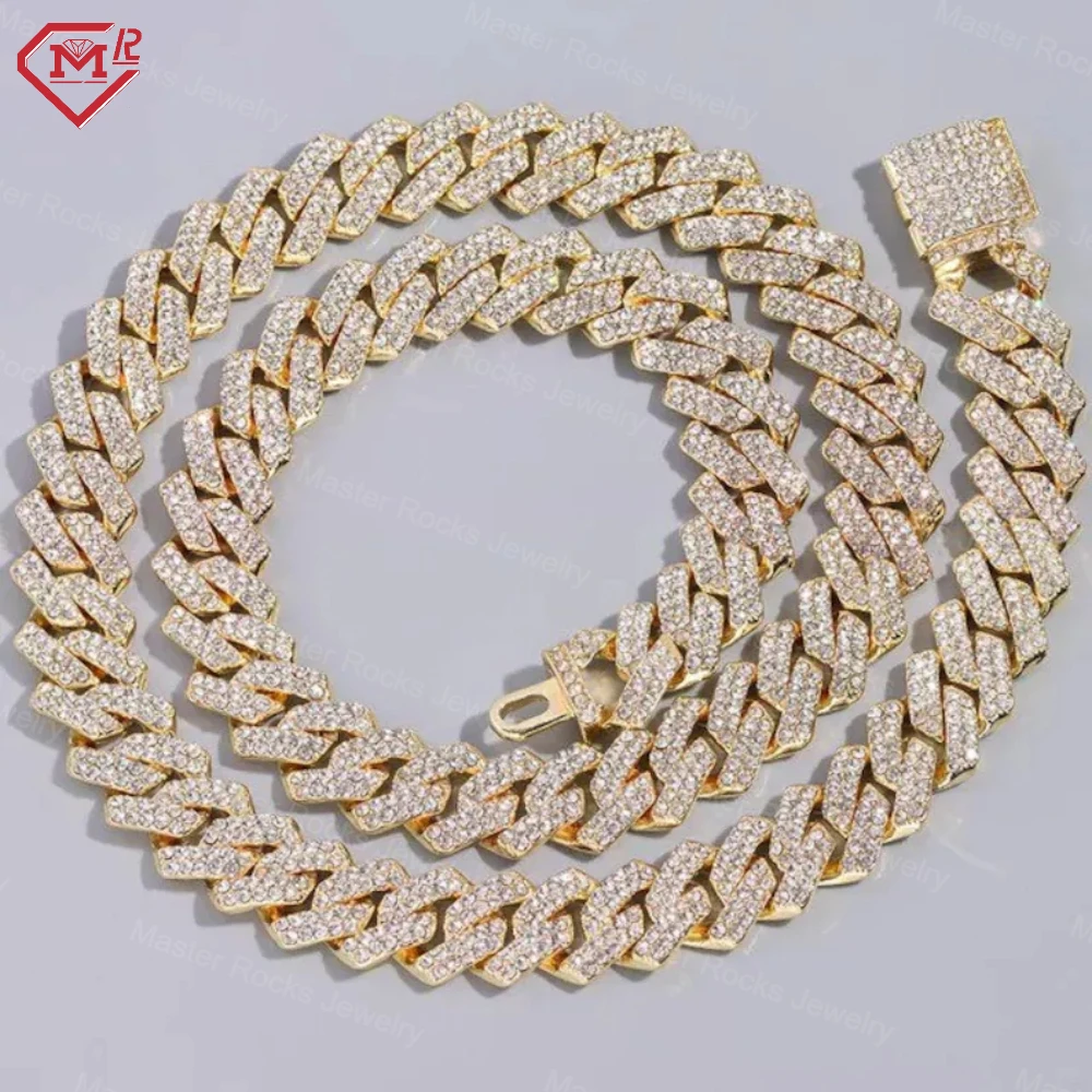 

Hiphop 12MM Miami Cuban Chain Set Prong Setting 925 Sterling Silver VVS Diamond Moissanite Cuban Link Chain