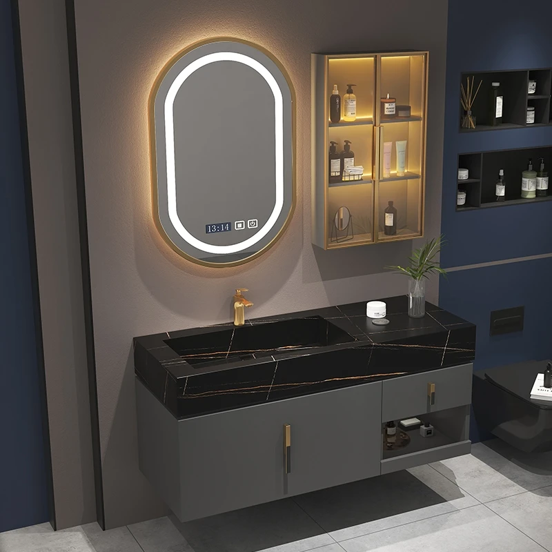 Light luxury rock plate integrated basin bathroom cabinet combination simple intelligent bathroom washstand wash basin cabinet