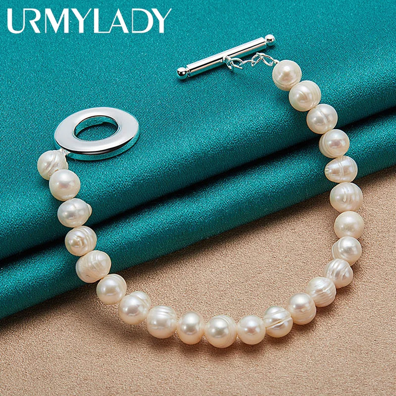 

URMYLADY 925 Sterling Silver Natural Freshwater Pearl Beaded Chain 20cm Bracelet for Women Wedding Engagement Fashion Jewelry