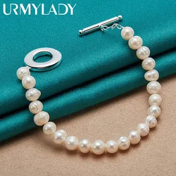 URMYLADY 925 Sterling Silver Natural Freshwater Pearl Beaded Chain 20cm Bracelet for Women Wedding Engagement Fashion Jewelry