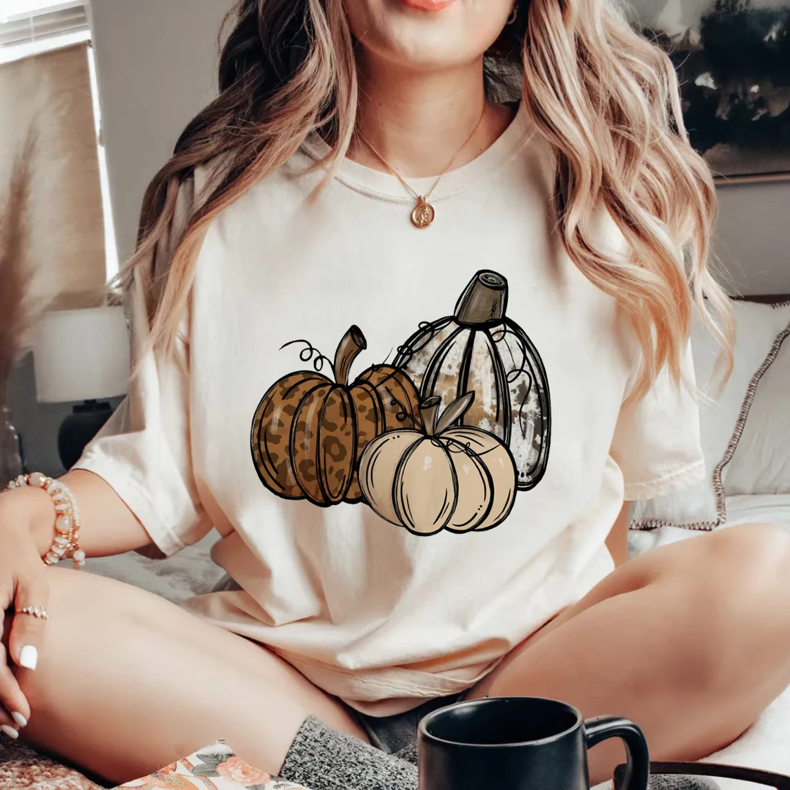 T-Shirt Pattern T-Shirt Short Sleeve Clothing Cartoon Style Cute 90s Funny Pumpkin Print Top Women\'s Plus Size O-Neck T-Shirt.