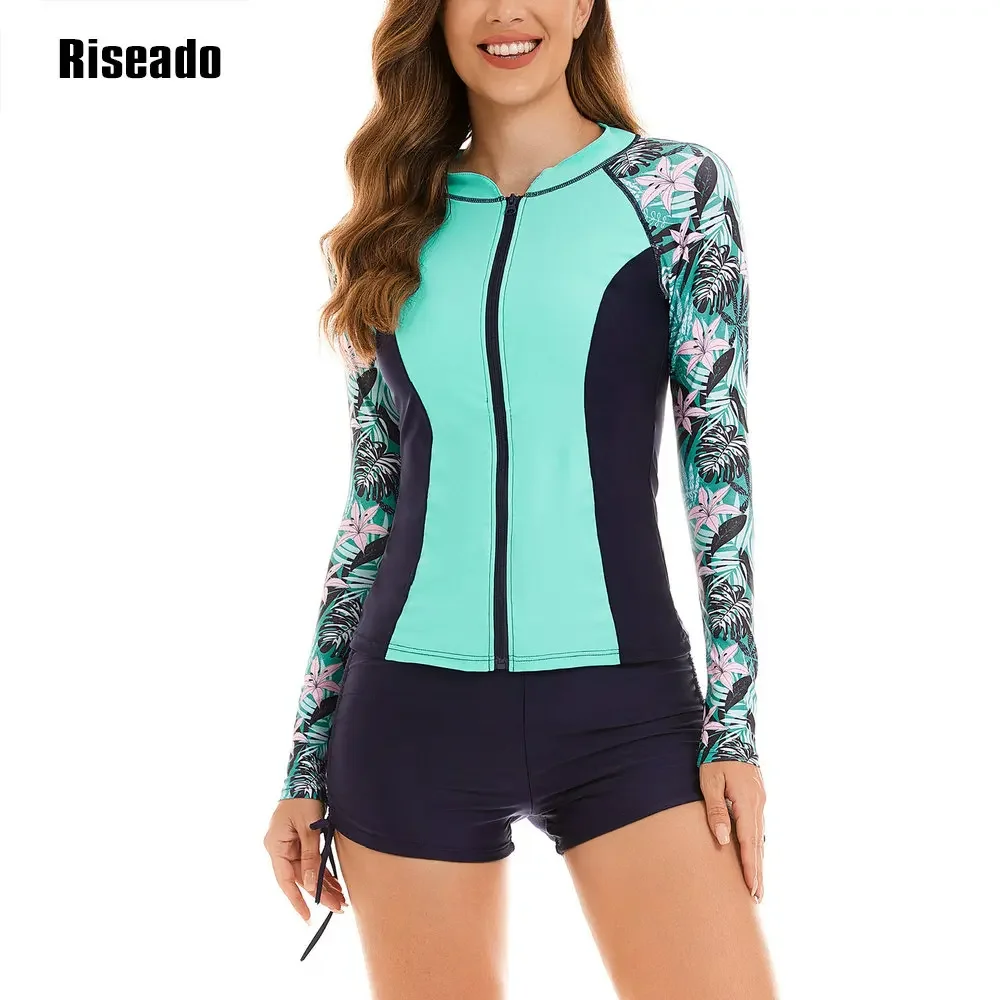 Riseado 2025 nuevo traje de baño de cintura alta para mujer, traje de baño Tankini de dos piezas de manga larga, Top y pantalones cortos