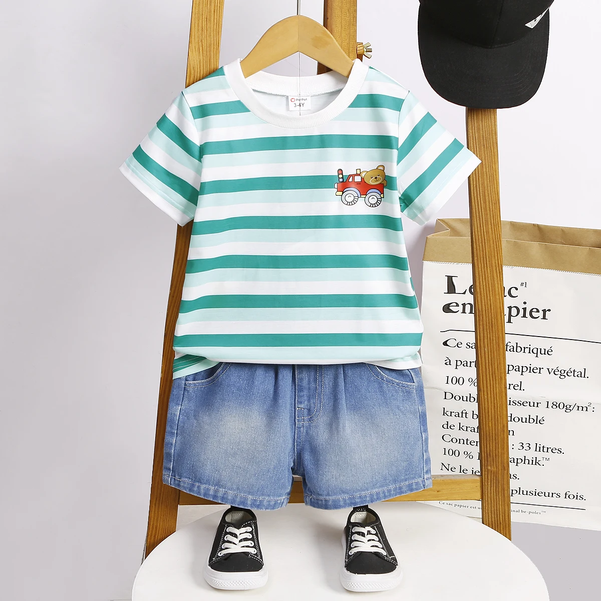 

PatPat 2pcs Toddler Boy Vehicle Print Stripe Short-sleeve Tee and 95% Cotton Denim Shorts Set