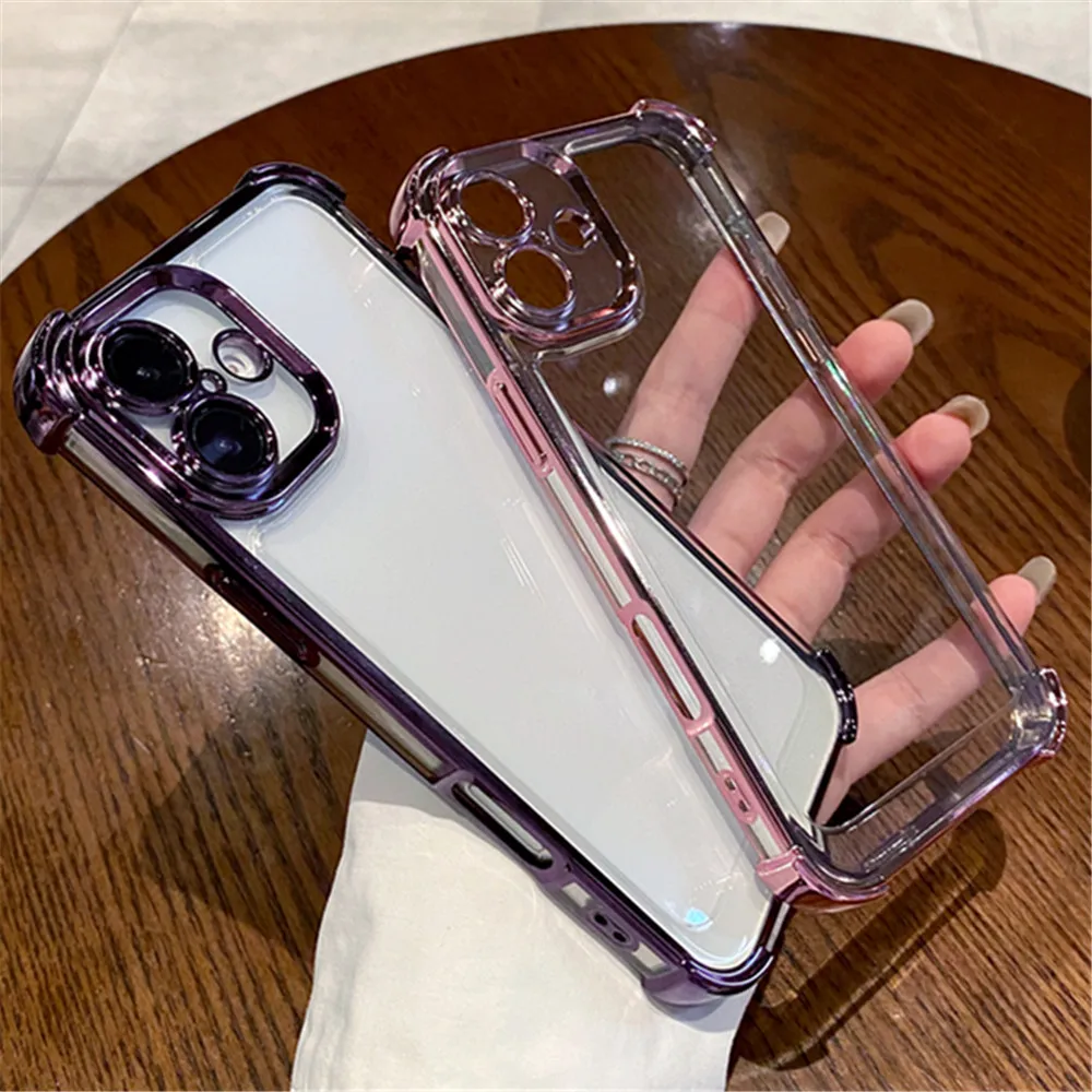 Shockproof Transparent Plating Phone Case For iPhone 16 15 14 Plus 13 12 11 Pro Max XS Max XR Four Corner Drop Protection Cover