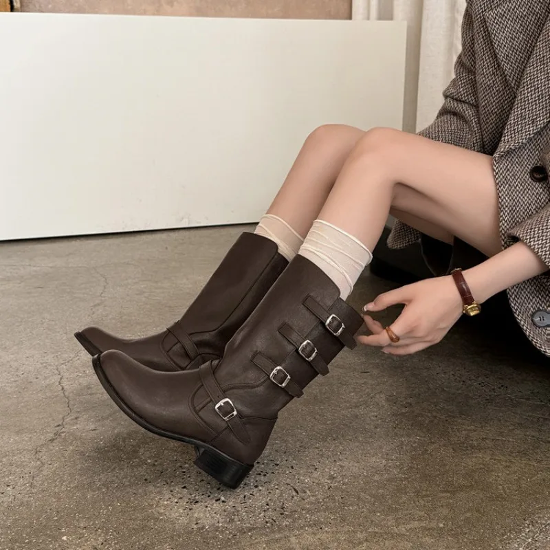 Girls Student Multi Buckle Strap Western Cowboy Boots Ladies Elegant Slip On Mid Calf Booties Autumn Winter Womem's Shoes 31-44