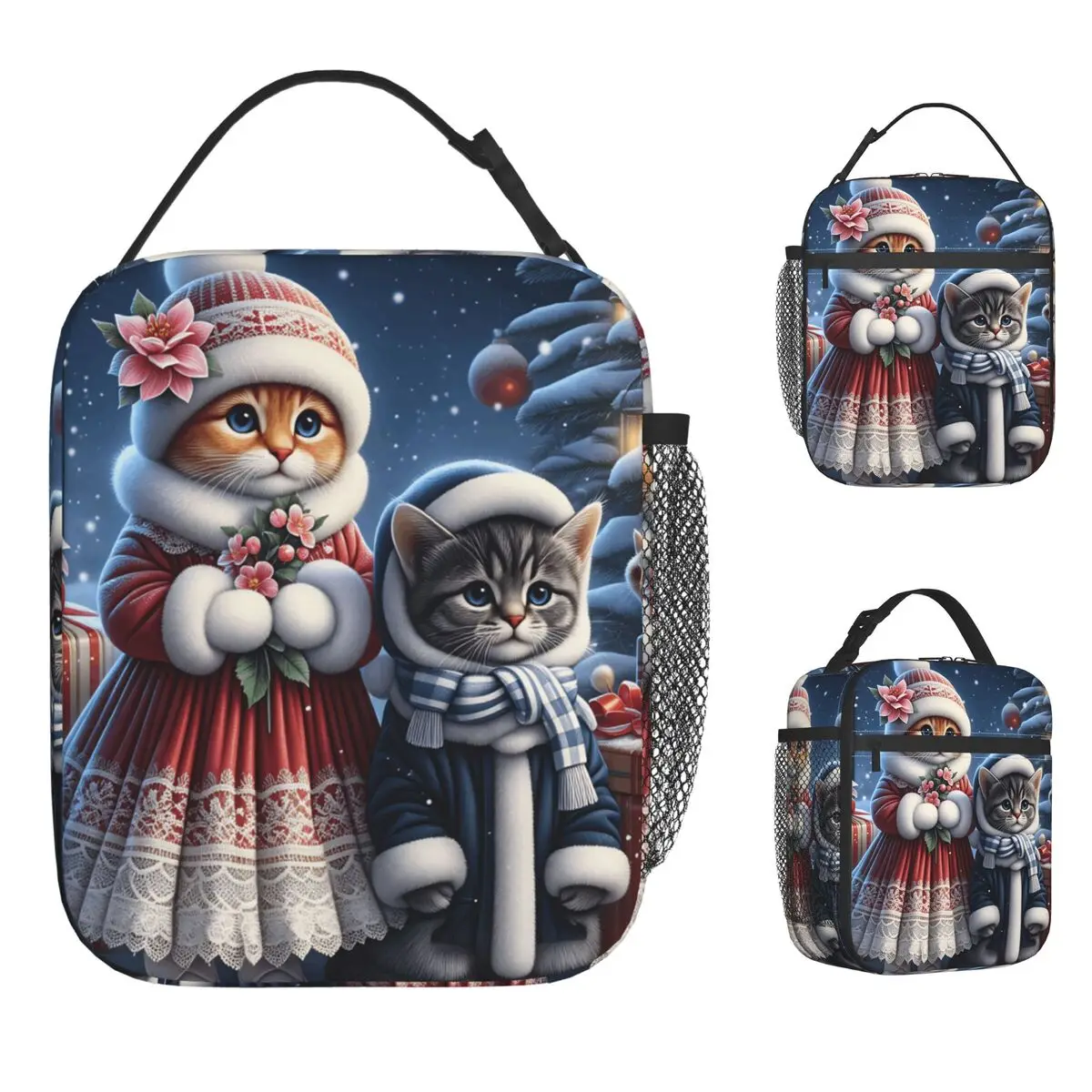 

Рождественские кошки, очаровательные котята, праздничная сумка для обеда, дорожная коробка для завтрака для ребенка, милая сумка-тоут с графическим дизайном, сумка-холодильник