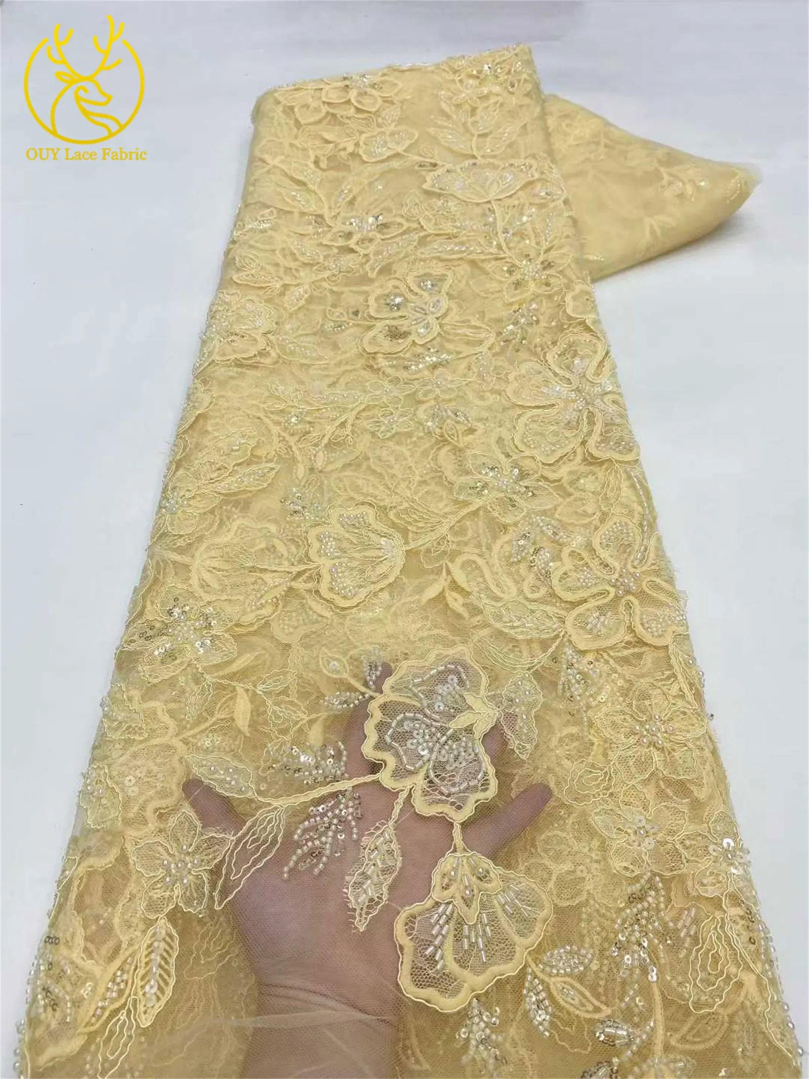 Damen Brautparty-Kleid Pailletten Tüll Bestickter Spitzenstoff 2026 Hochwertiger Nigerianischer Französischer Perlen-Spitzenstoff 5 Yards – Detail 16