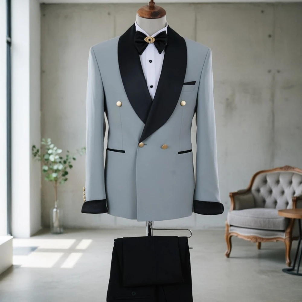 

Мужской костюм-двойка в винтажном стиле: серый с черным контрастом, двубортный пиджак для деловых встреч, официальных мероприятий и вечеринок